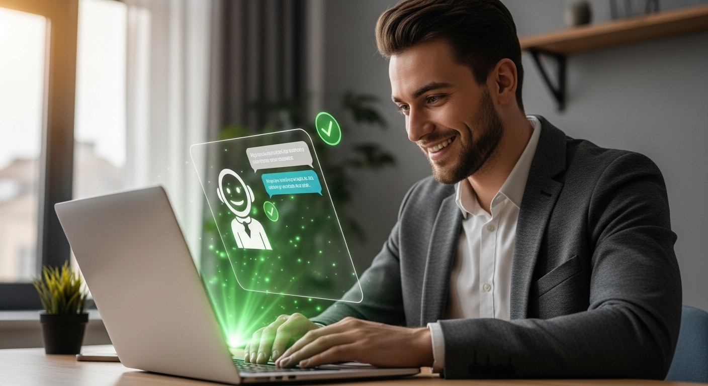 Knowledge Base Management with AI: Better Support, Less Effort - Business professional interacting with AI chatbot interface showing automated customer support responses