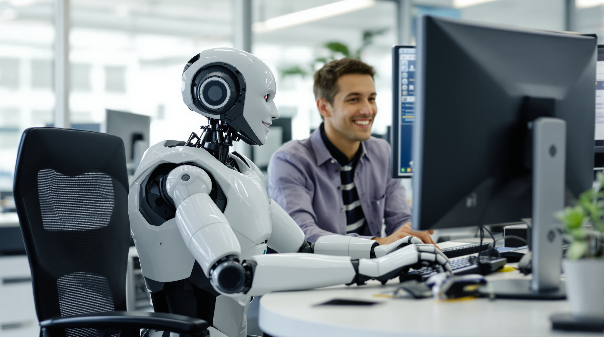 Top 5 Silly Questions About AI (and Why They're Myths) - Professional robot and human working collaboratively at computer workstation in modern office environment