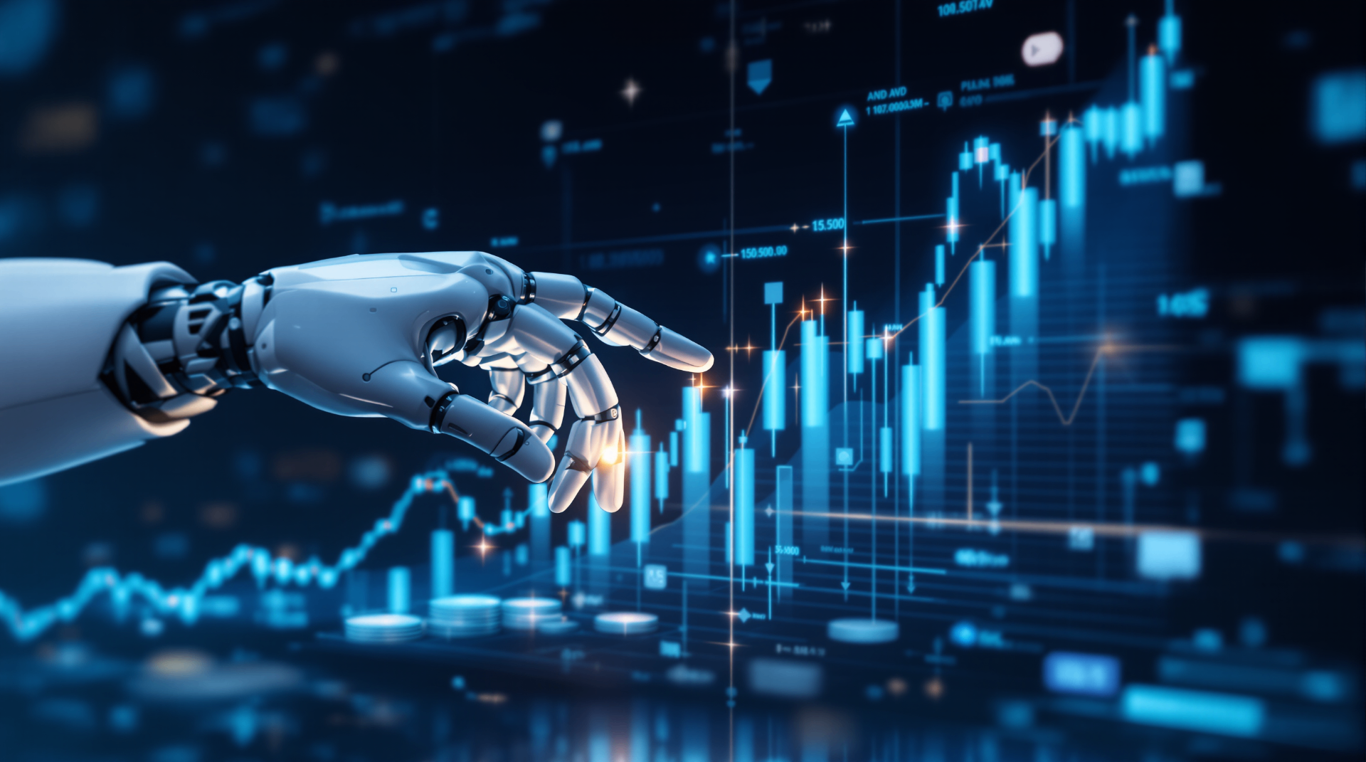 Top 5 Use Cases of AI in Fintech - Robotic hand interacting with advanced financial trading charts and market data visualization systems