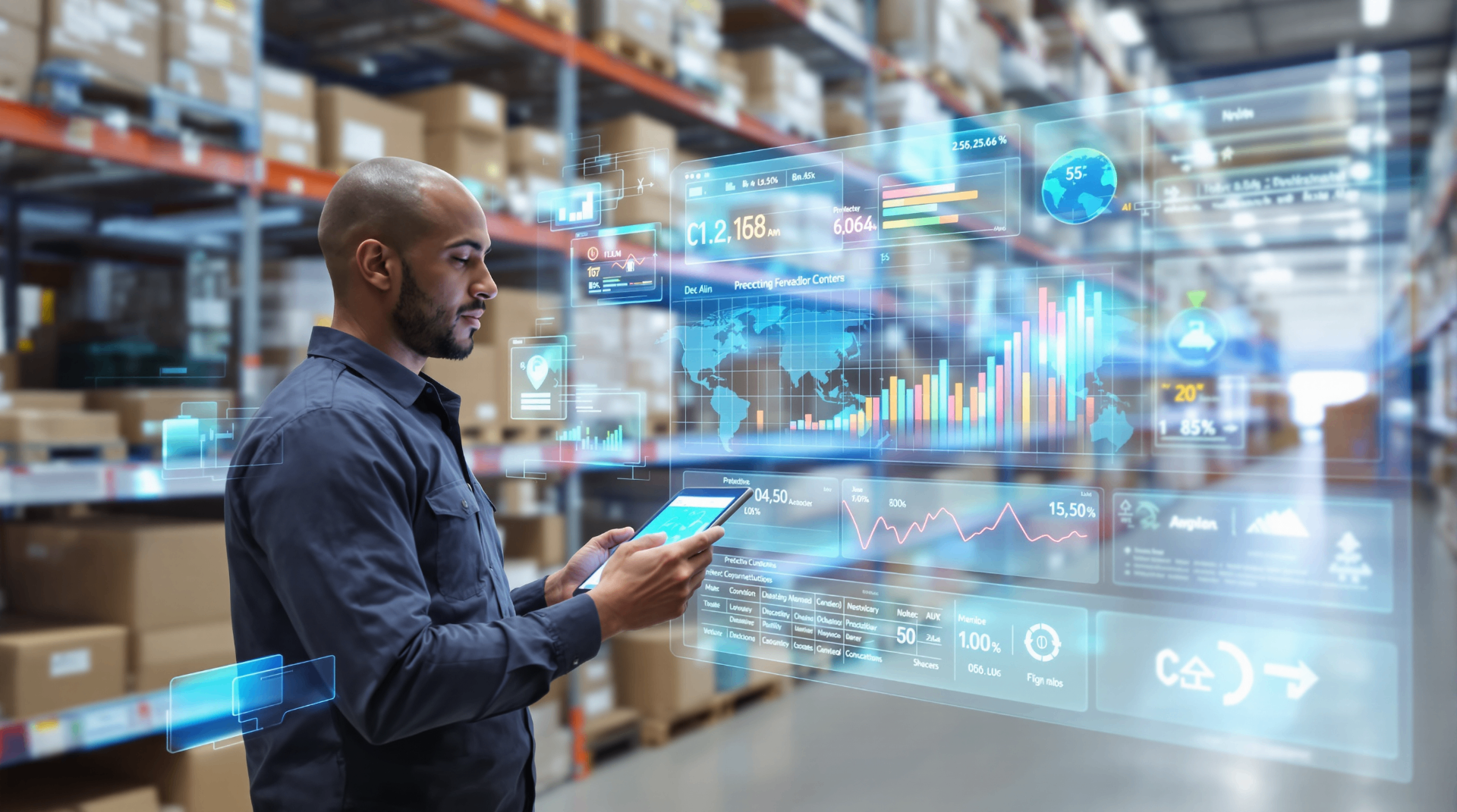 Demand Forecasting with Machine Learning: A Practical Guide - Warehouse manager using AR analytics interface to view real-time inventory and demand forecasting data