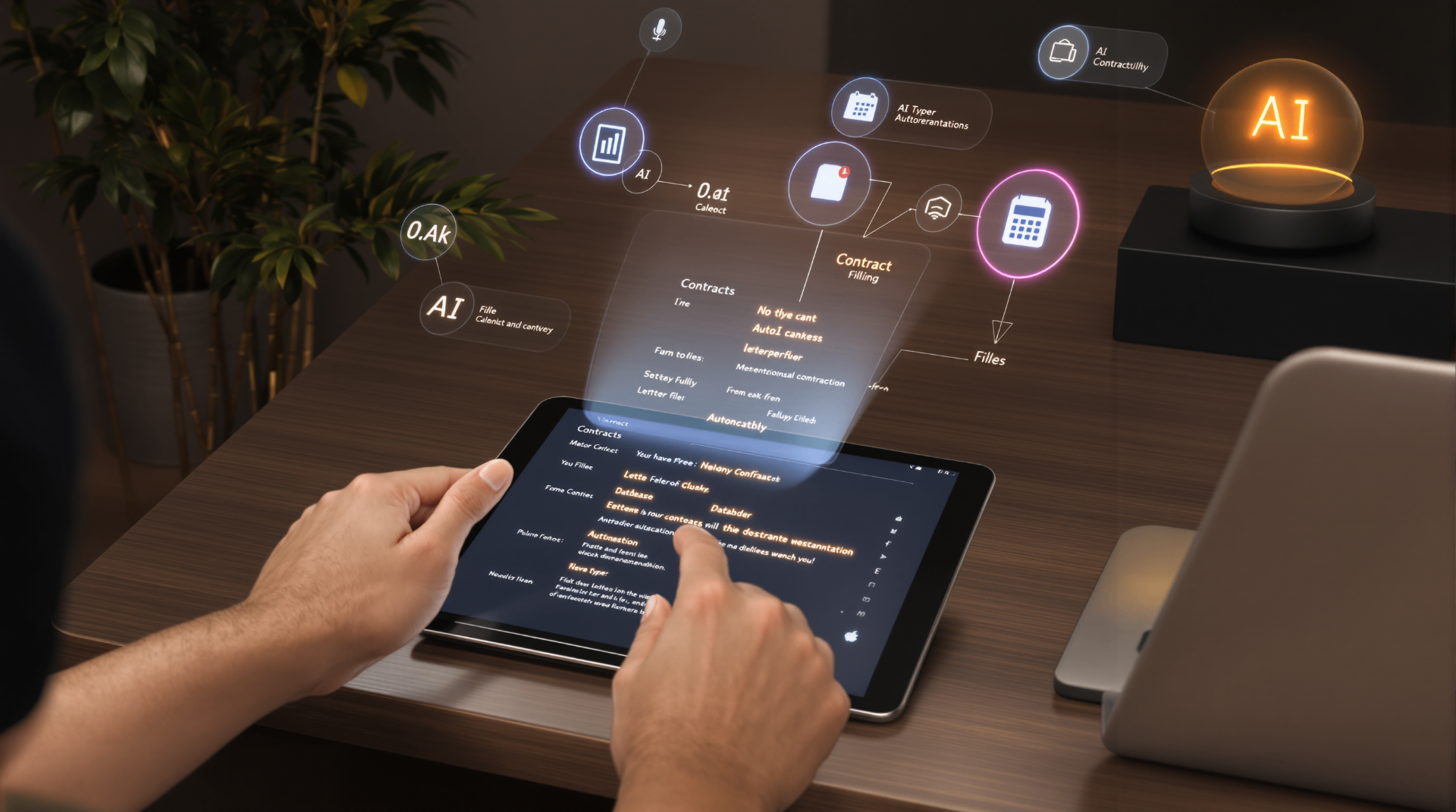 Document Automation with AI: Save Time, Reduce Errors - Business professional using AI-powered contract automation interface on tablet with holographic workflow visualization