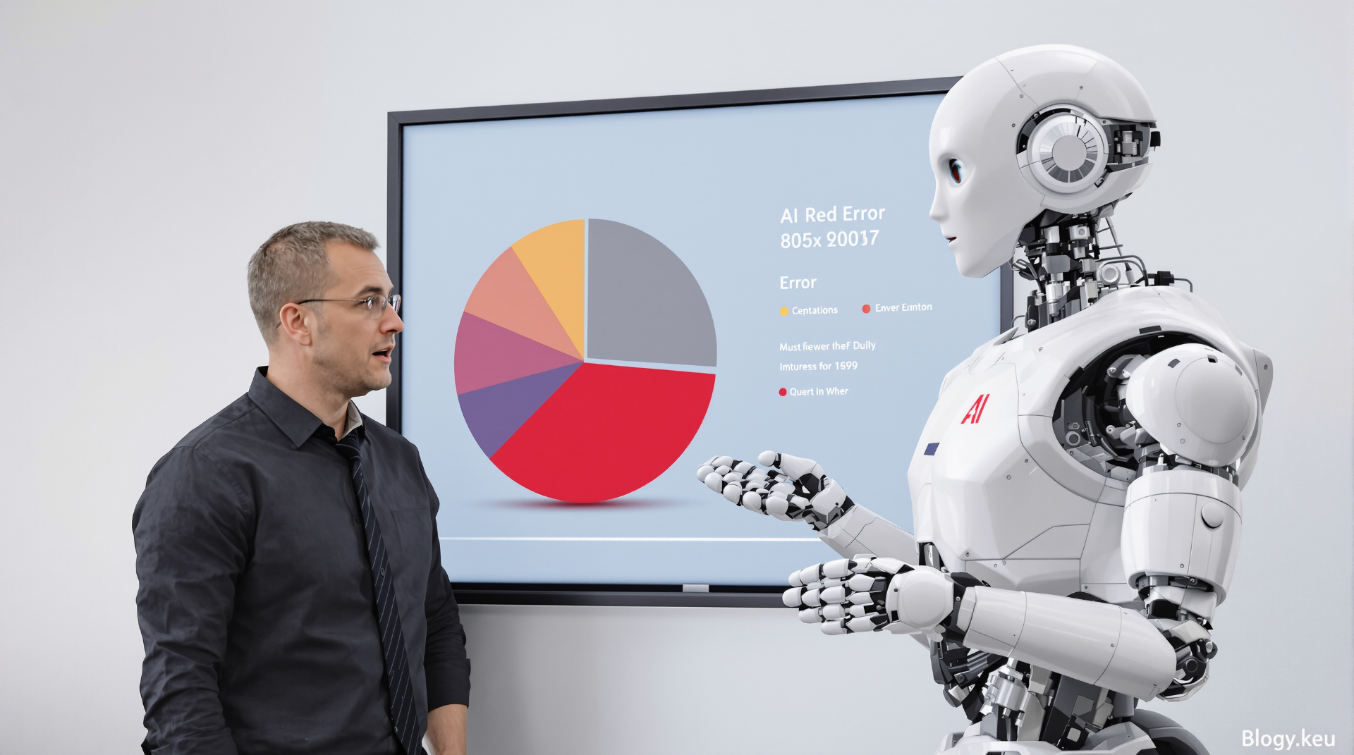 Top 10 Myths About AI in Business – and Why They're Wrong - Human specialist and AI robot collaborating with data analytics and error reports on screen