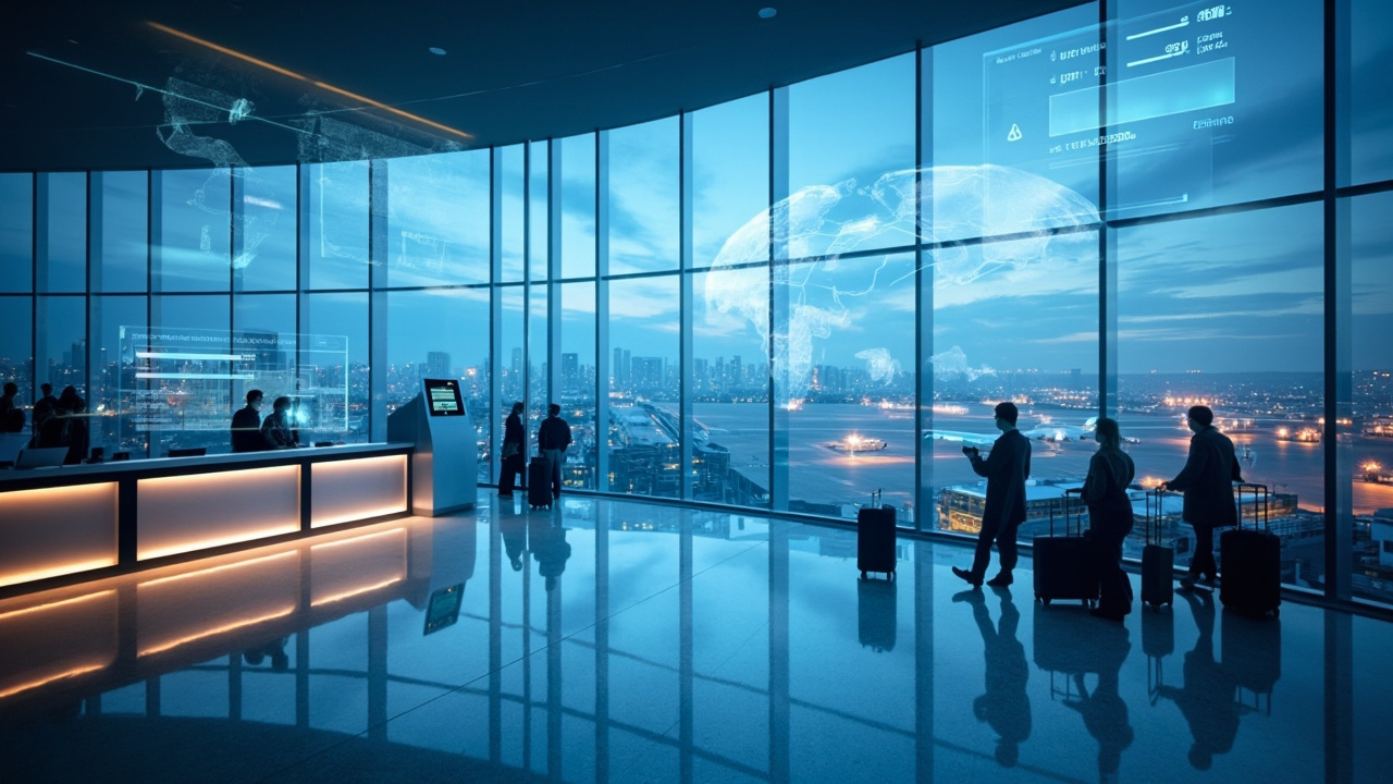 How AI Is Reinventing the Hospitality and Tourism Industry - Futuristic airport terminal with AI-powered digital displays and holographic travel information