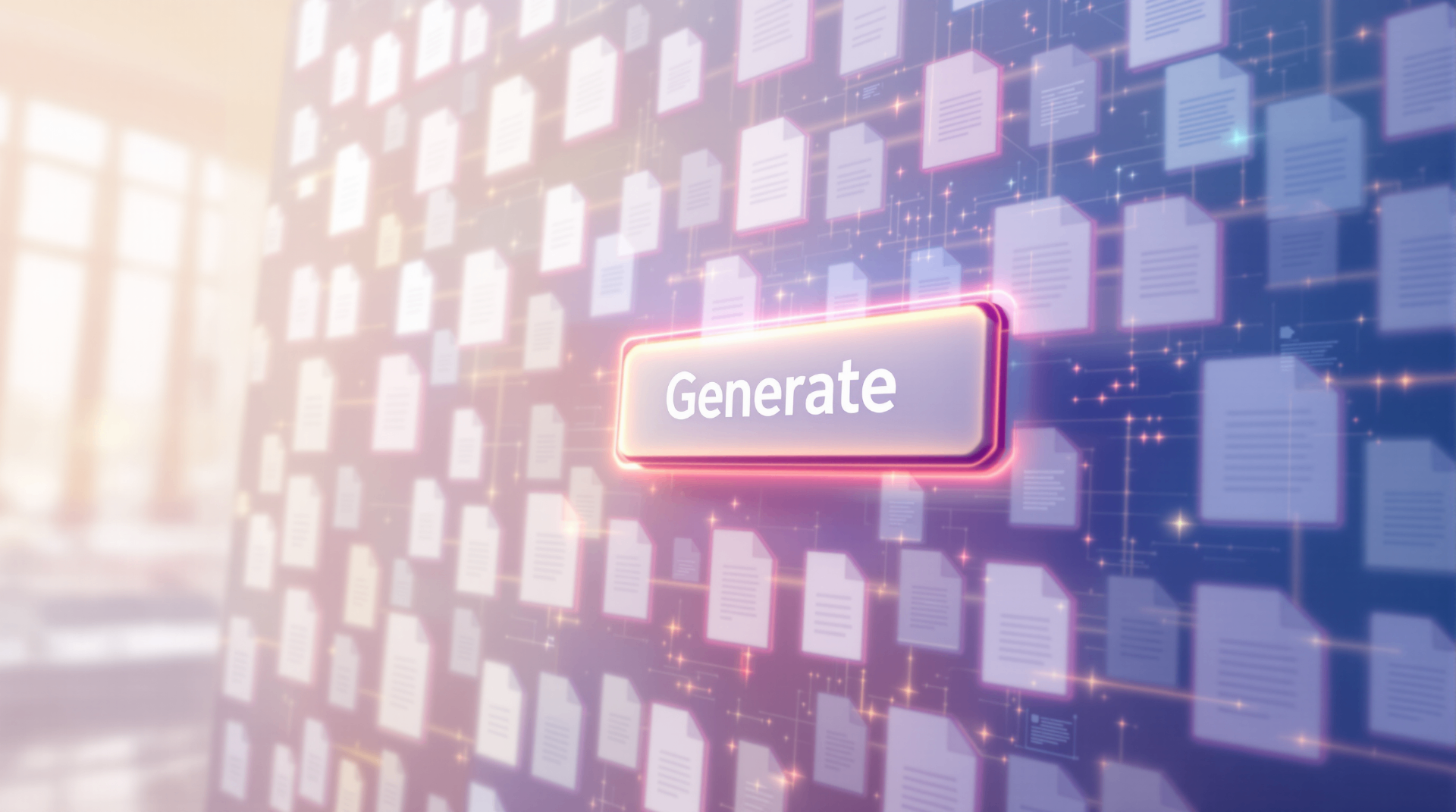 Top 5 Silly Questions About AI (and Why They're Myths) - Futuristic "Generate" button surrounded by floating digital documents and data visualization in technological environment