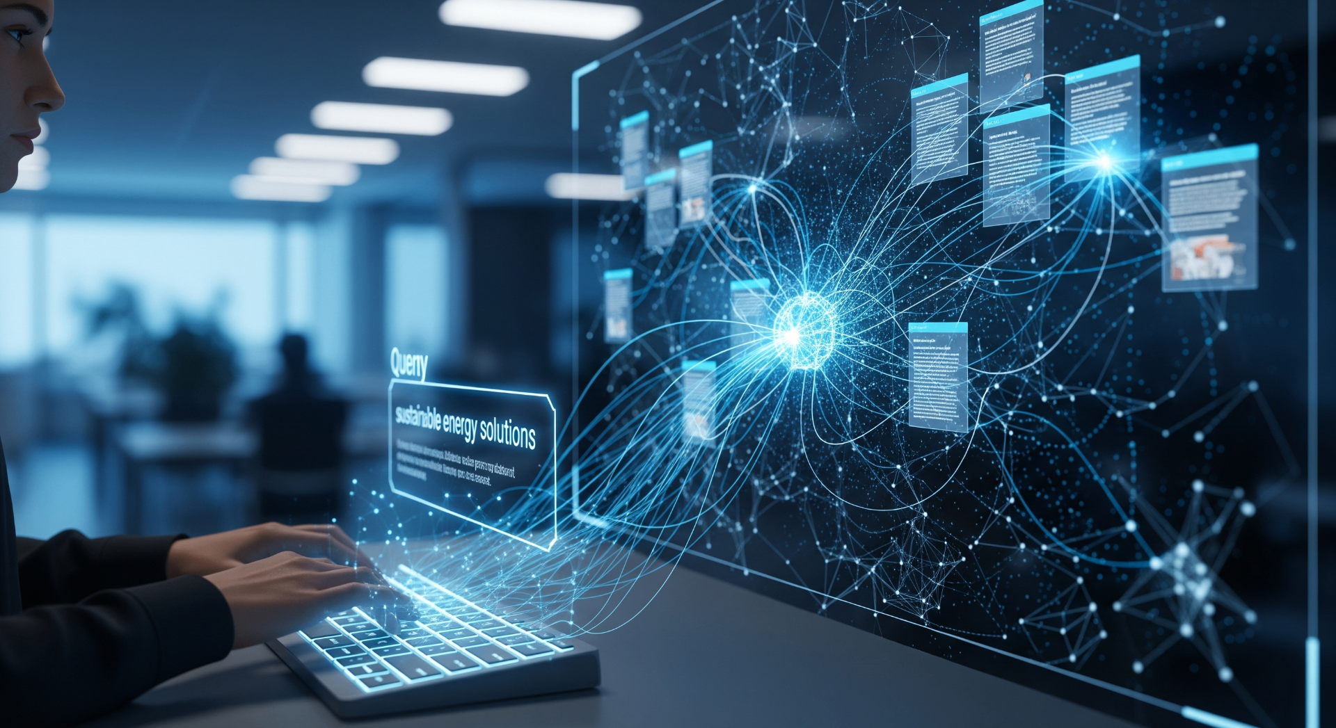 Knowledge Base Management with AI: Better Support, Less Effort - Advanced AI interface displaying data visualization and sustainable energy solutions in a modern office environment