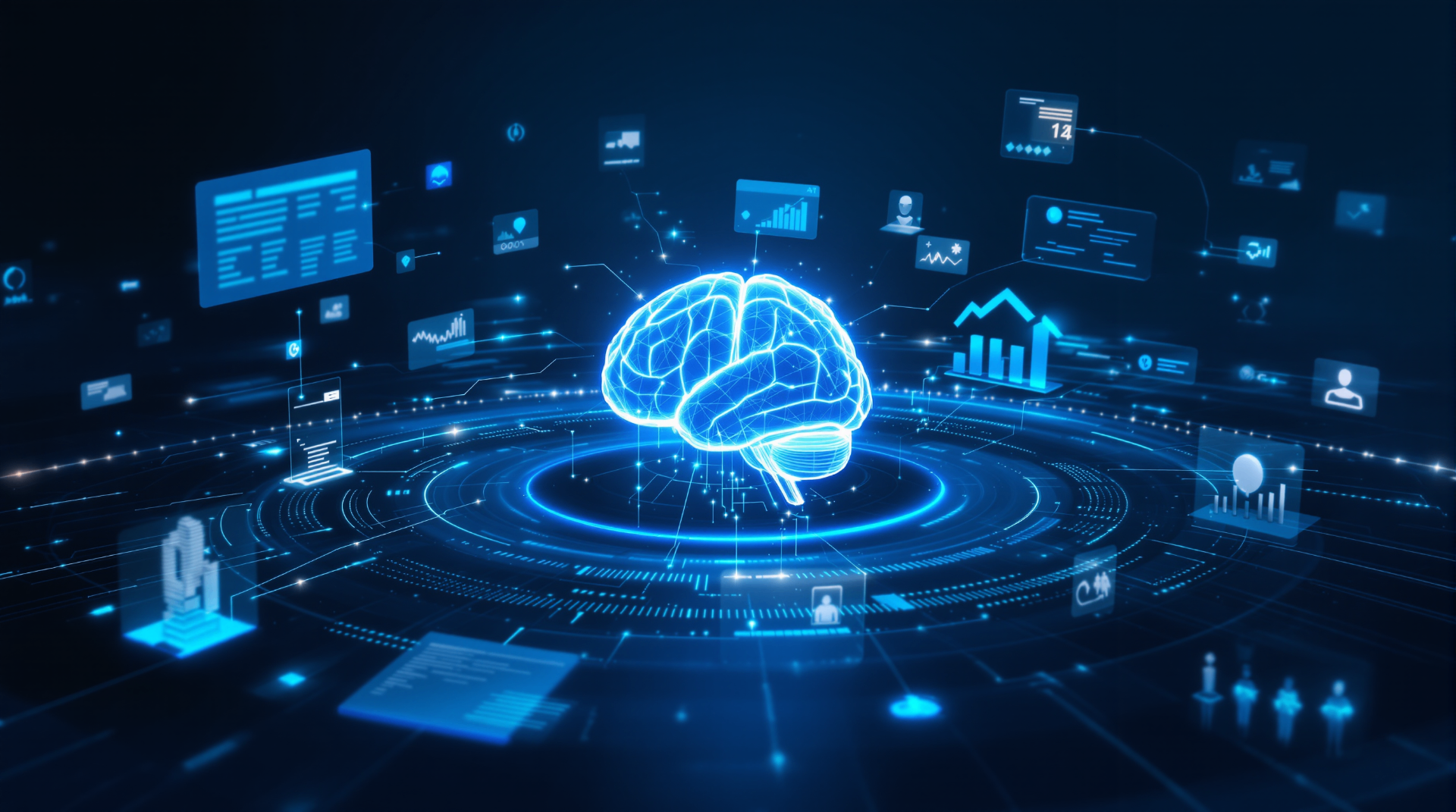 Document Automation with AI: Save Time, Reduce Errors - AI brain visualization surrounded by business analytics dashboards and data processing interfaces in futuristic digital environment
