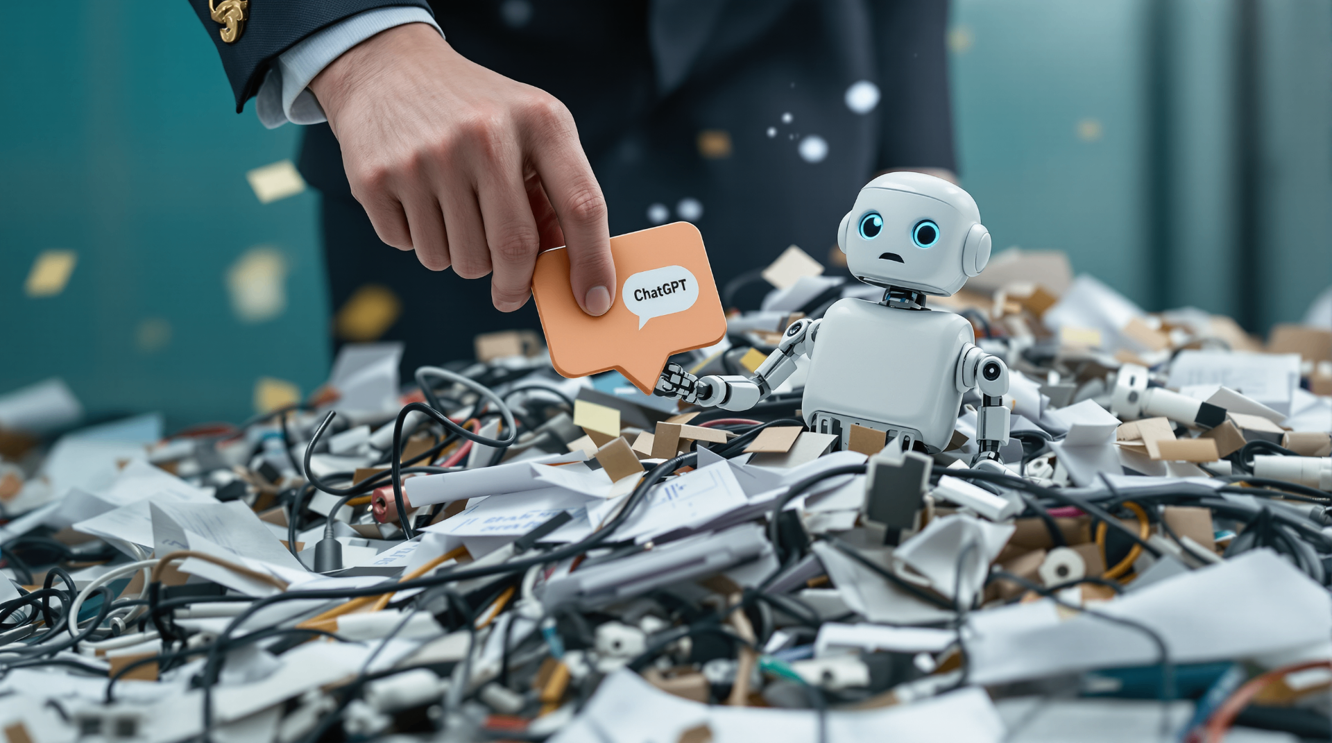 Top 10 Myths About AI in Business – and Why They're Wrong - Robot surrounded by electronic waste with human hand holding ChatGPT card