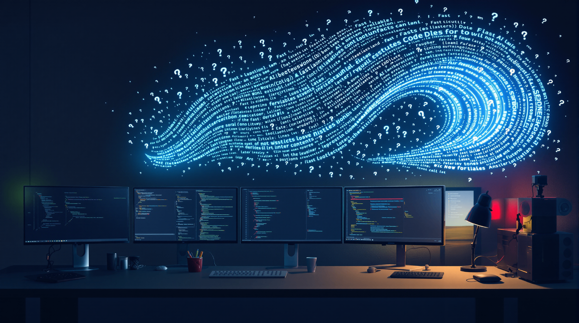 Will Programmers Soon Disappear? Agentic AI, Coding Assistants and the Future of Software Development - Developer workspace with multiple monitors showing AI-generated code swirling above, representing human-AI collaboration