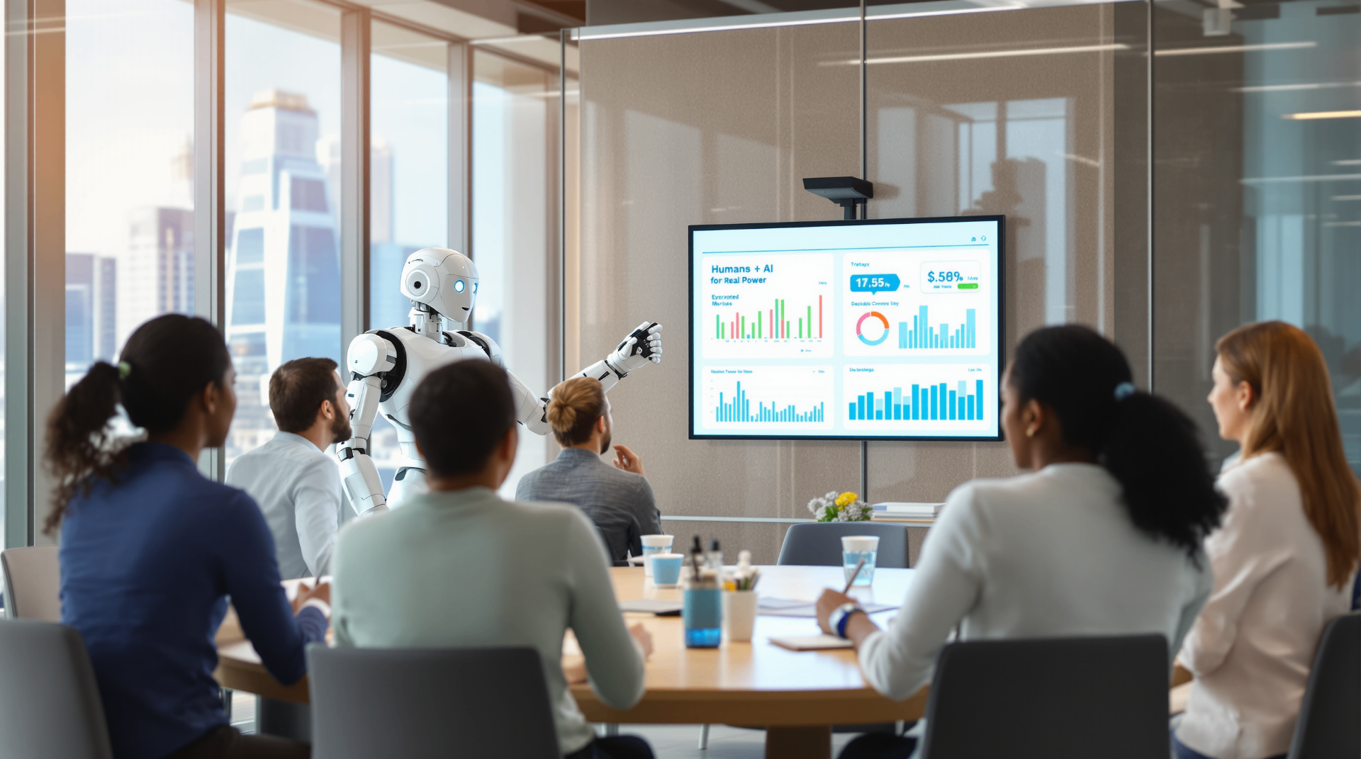 "Can We Fire the Entire Staff with AI?" – Why Automation Doesn't Equal Layoffs - Futuristic office environment showing seamless collaboration between human workers and AI systems