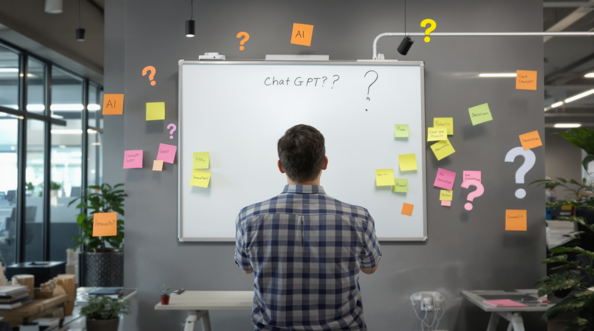 Top-5 Mistakes Startups Make When Implementing AI - Startup team looking confused at whiteboard with scattered AI concepts and no clear direction