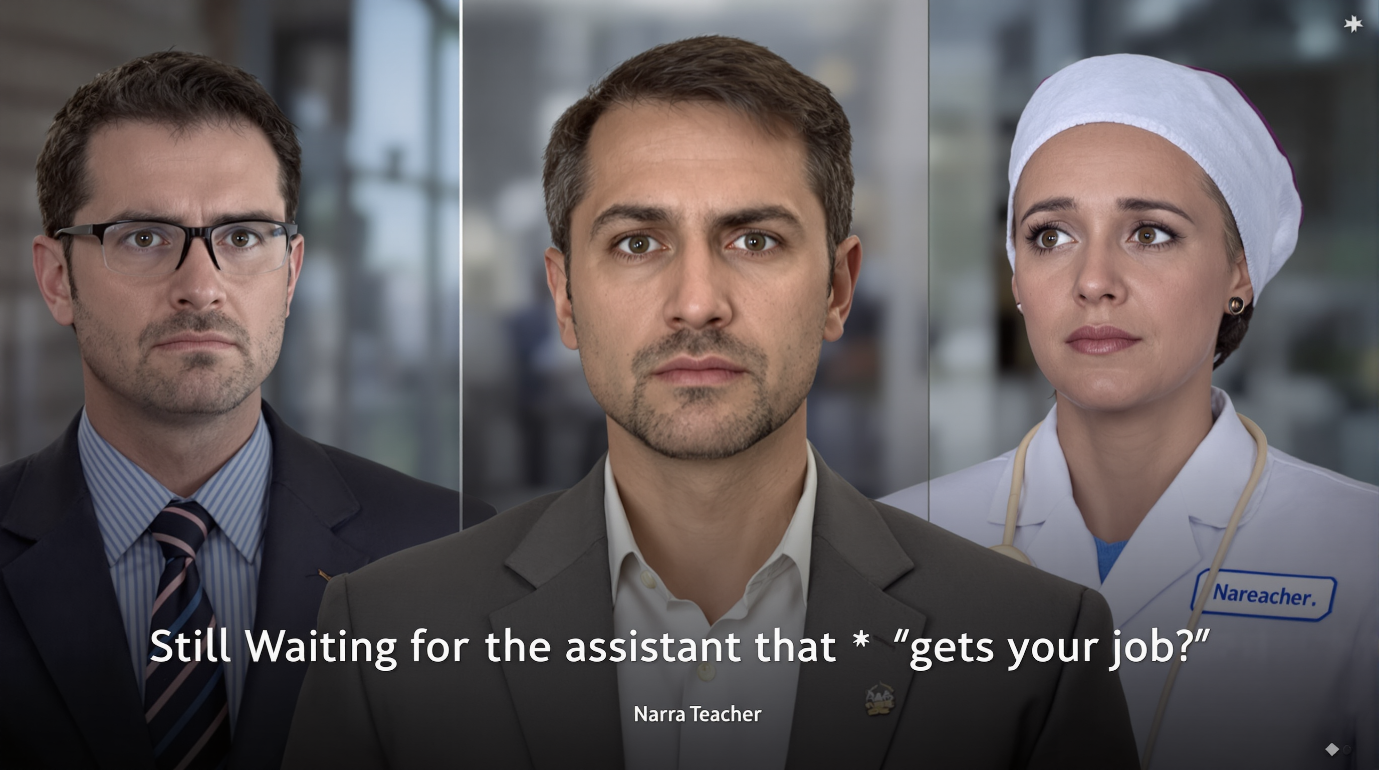 AI Assistants Market Overview: How Today's Tools Are Distributed and Where Opportunities Lie - Three professionals (lawyer, business person, healthcare worker) representing underserved AI assistant markets