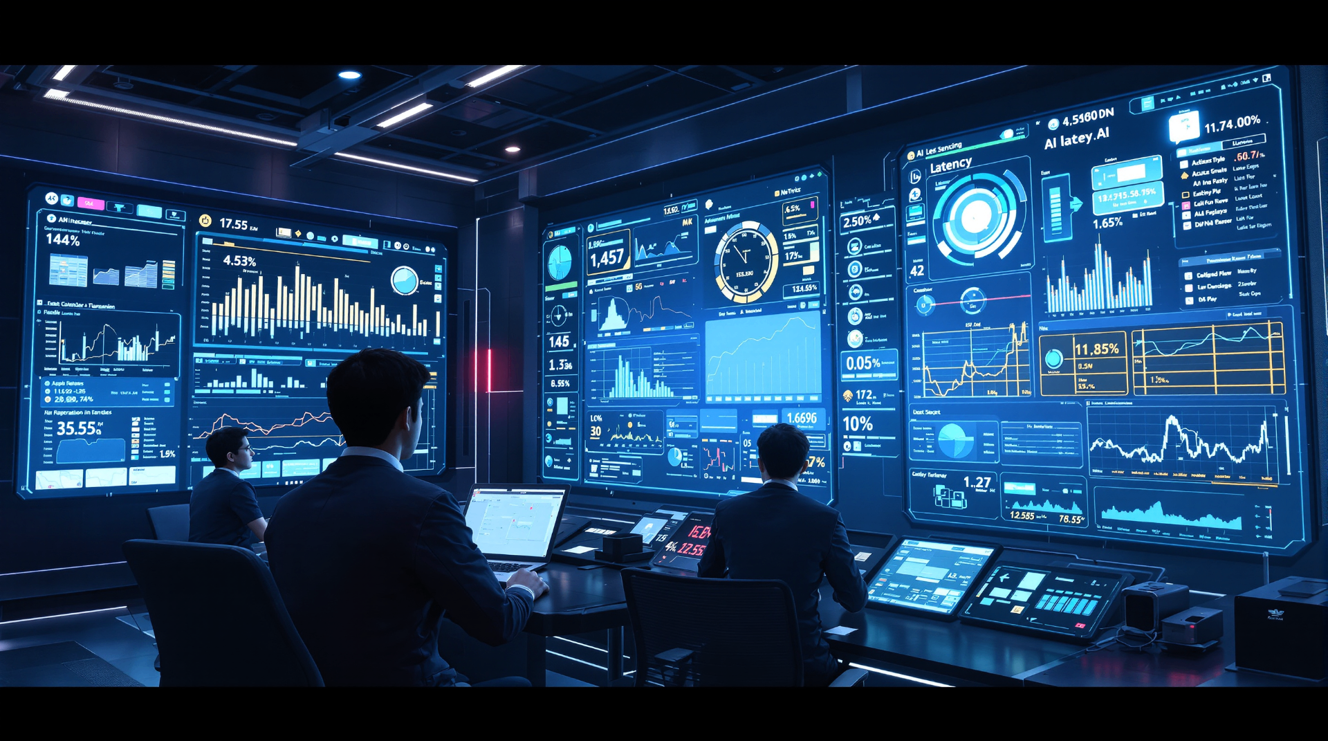 Behind the Scenes of AI Operations: Monitoring, Retraining, and Cost Control - Professional interfacing with holographic AI network visualization sphere