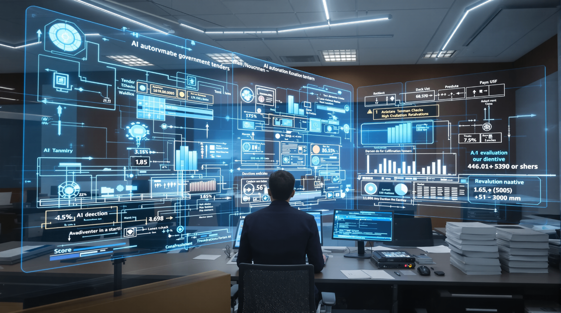 AI in the Public Sector: From Tender Automation to Transparent Governance - Government procurement control center with AI-powered decision support systems and real-time analytics