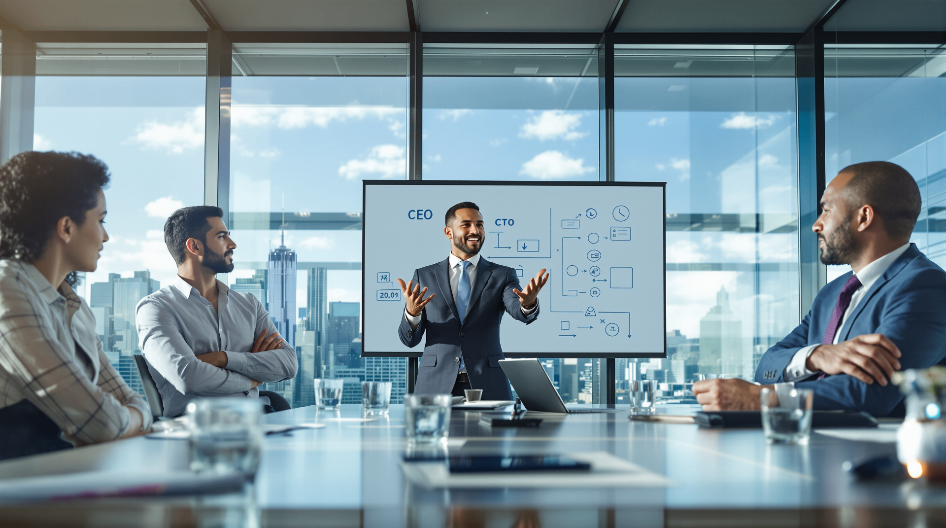 How to Align CEO, CFO, and CTO on a Single AI Strategy - Team collaborating on AI roadmap with sticky notes and whiteboard