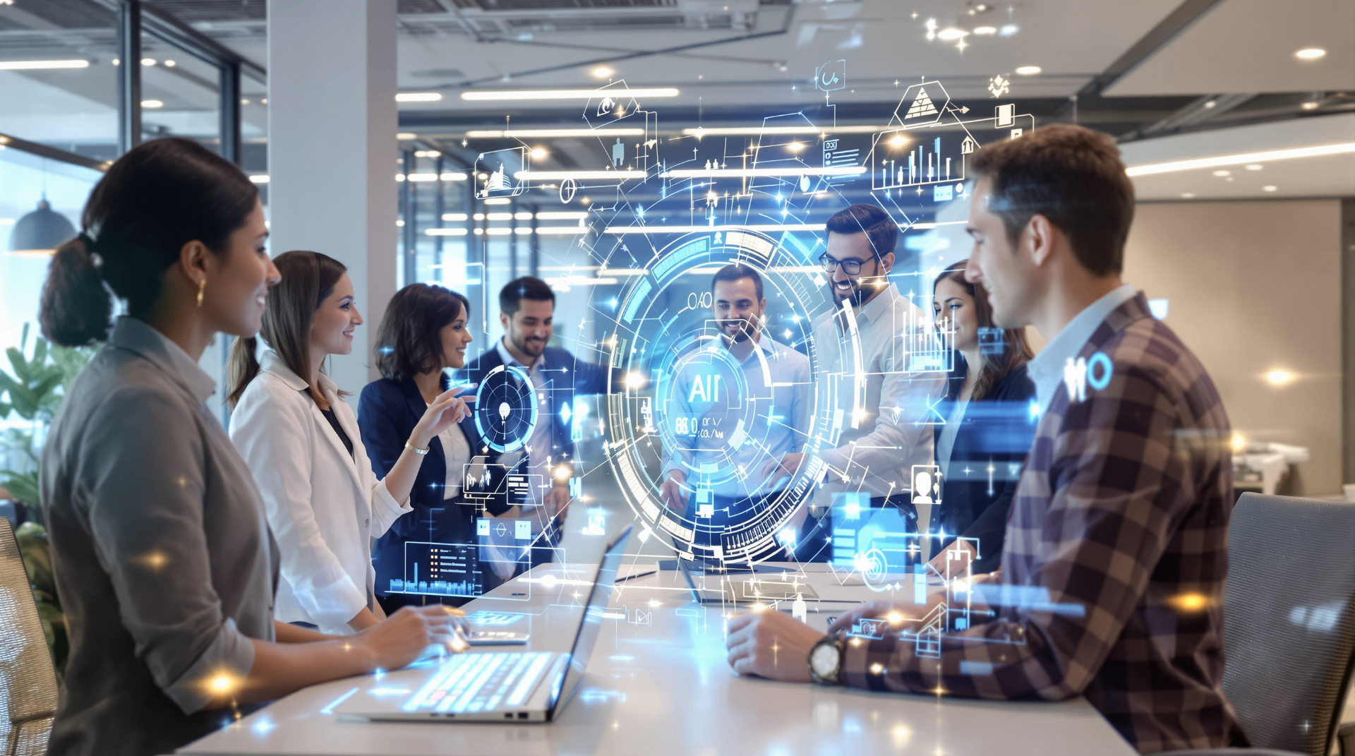 No‑Code AI Management: Empowering Business Teams to Control AI Without Coding - Professional working on laptop with AI builder interface and CRM tools