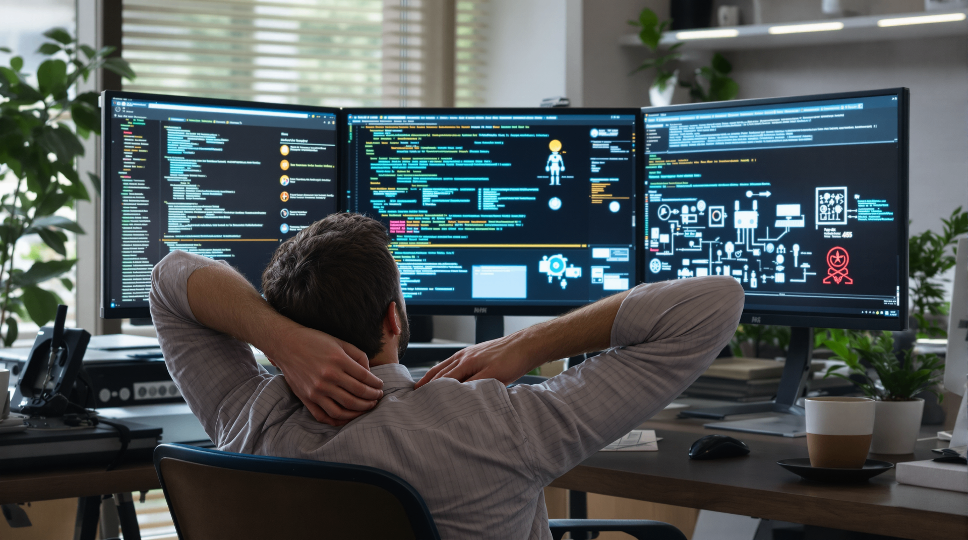 What Is Business Process Efficiency and How AI Helps Improve It - Developer working with multiple monitors displaying advanced code analytics and system monitoring tools