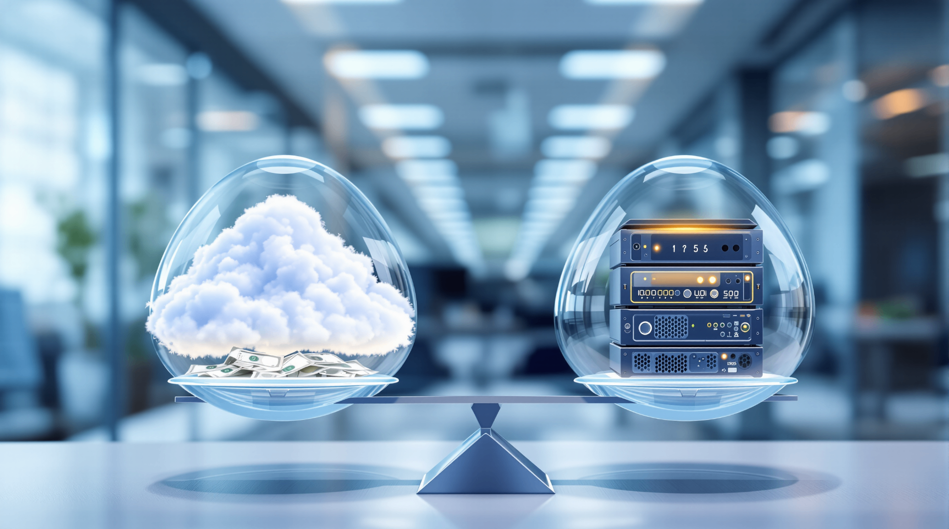 The Strategic Repatriation: How a FinTech Leader Cut Infrastructure Spend by Over 50% by Moving Beyond the Public Cloud - Visual balance scale comparing cloud infrastructure costs with on-premise server solutions in modern office environment