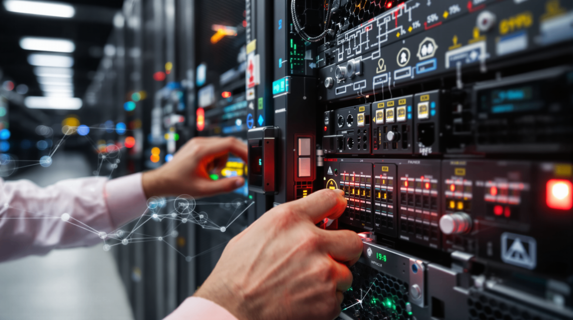 The Strategic Repatriation: How a FinTech Leader Cut Infrastructure Spend by Over 50% by Moving Beyond the Public Cloud - Hands operating advanced control systems and infrastructure management interfaces with digital overlays